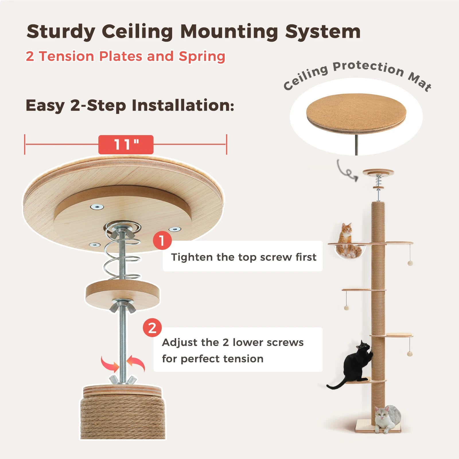 Floor to Ceiling Cat Tree for Indoor Cats Adjustable Height Wooden Scratching Posts Acrylic Cave Cat Toys