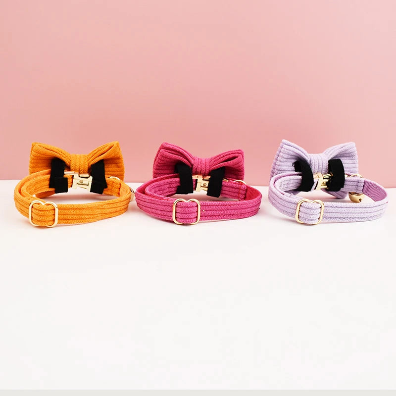 Corduroy Cat Collar with Name Plate Bell Bow Tie Personalized