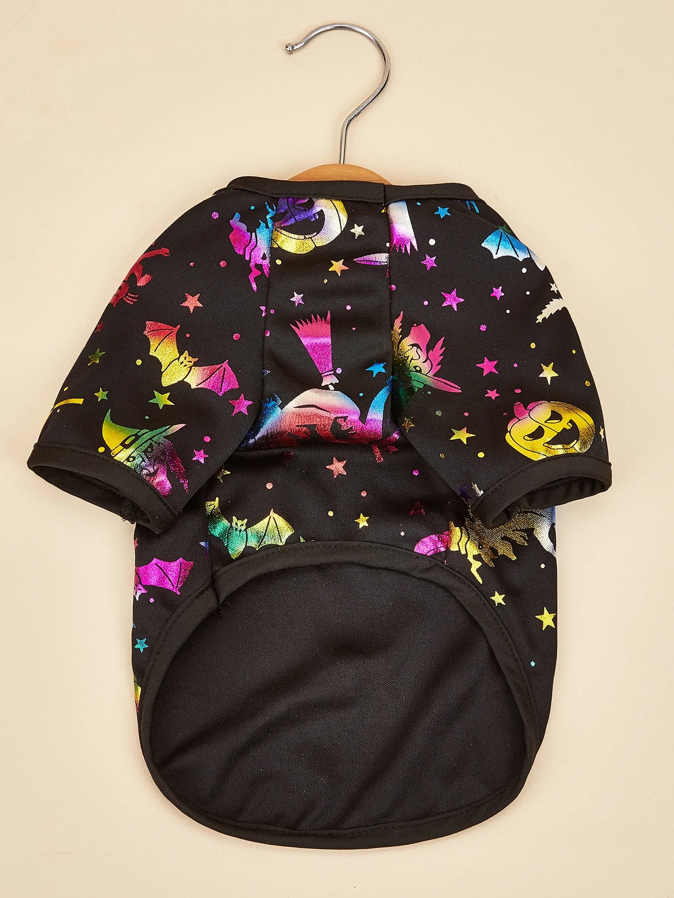 Dog T-Shirt, Black Short - Sleeve with Colorful Glittery Bats & Pumpkins & Stars Print