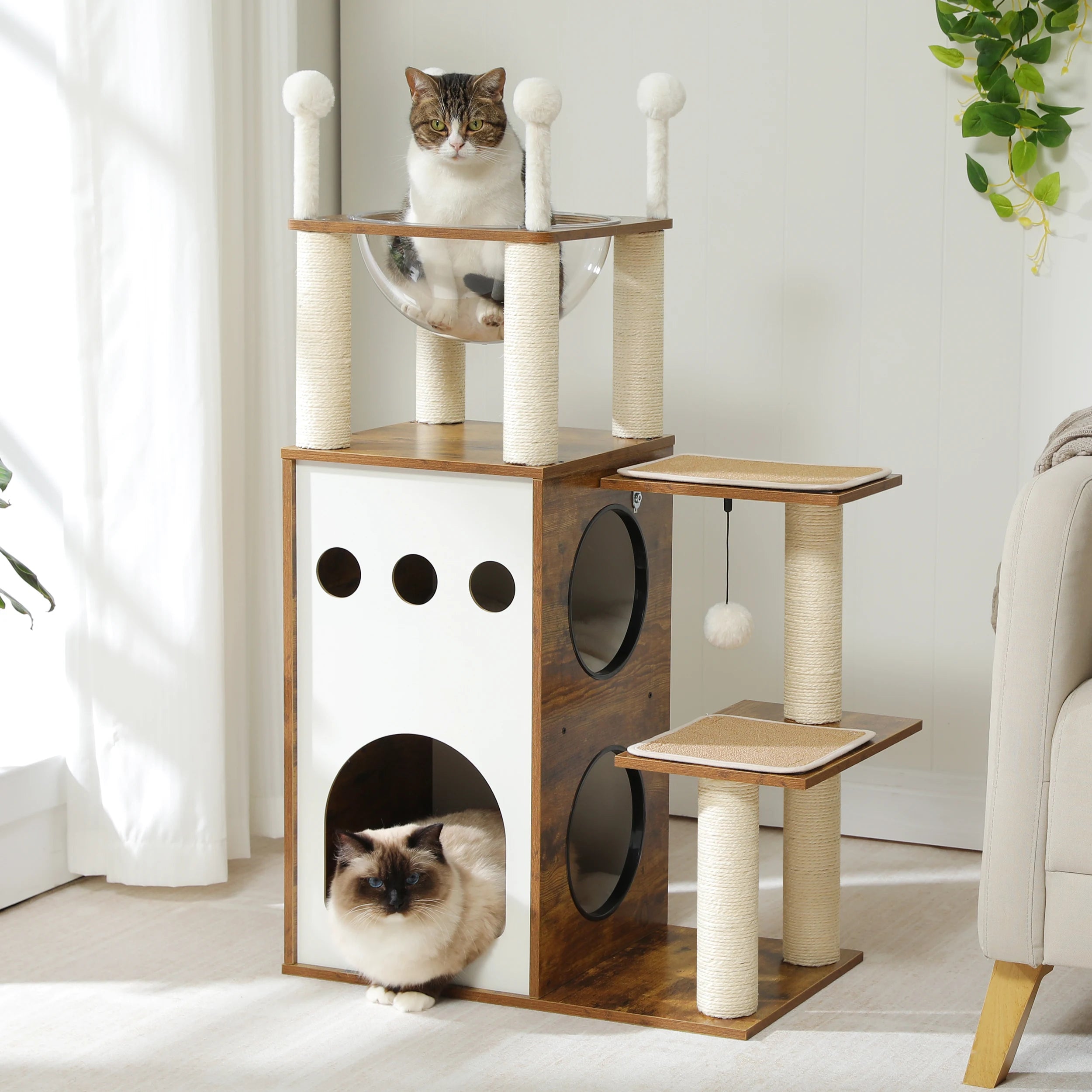 Cat Tower with 2-Floor Condo Cat Furniture with Cat Scratching Posts Capsule Nest and Dangling Balls