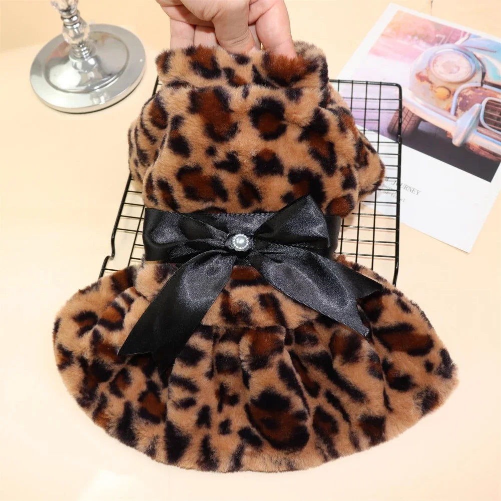 Winter Autumn  Fleece Warm Rainbow Candy Plush and leopard Print Dress