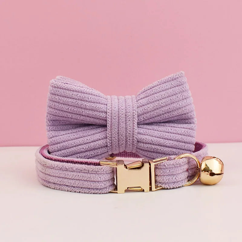 Corduroy Cat Collar with Name Plate Bell Bow Tie Personalized