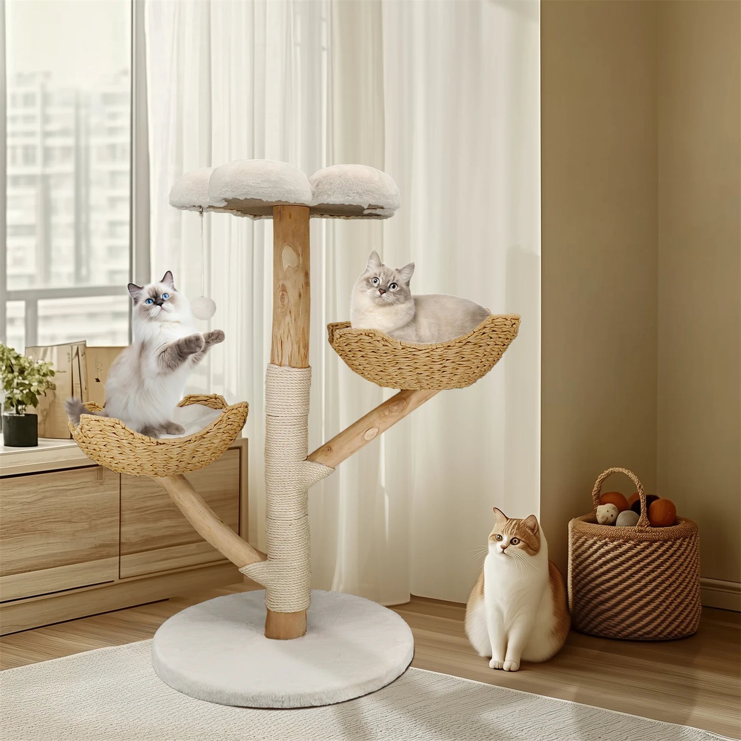 Modern Cat Tree Activity Tower with Plush Cushion and Toy Ball Sisal Scratching Post