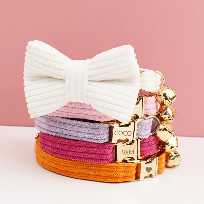 Corduroy Cat Collar with Name Plate Bell Bow Tie Personalized