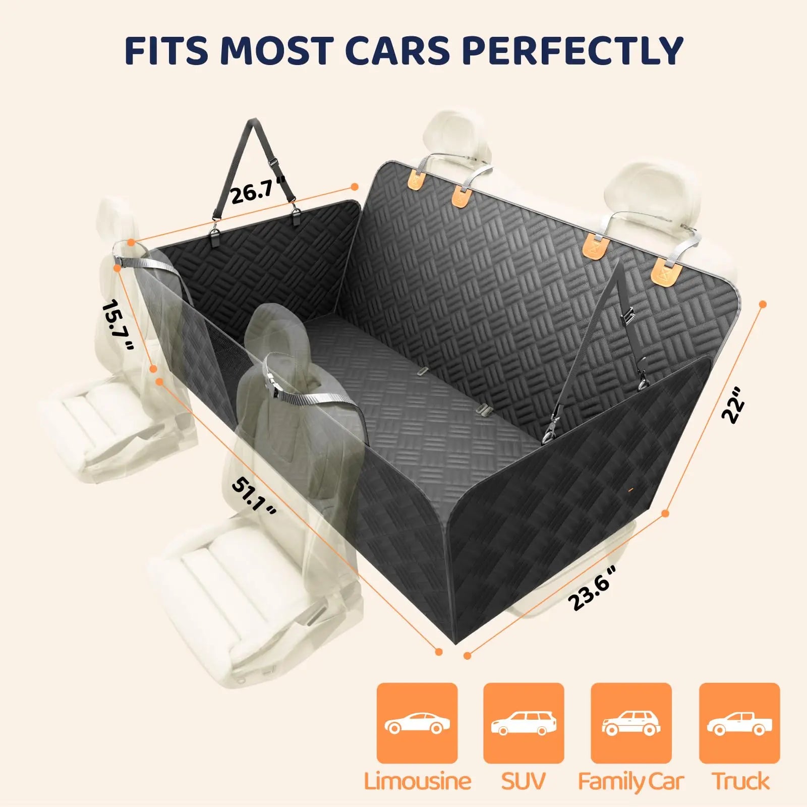 Car Rear Seat Dog Seat Cover, Hard Bottom Rear Seat Extender, Load-Bearing 400 Pounds,