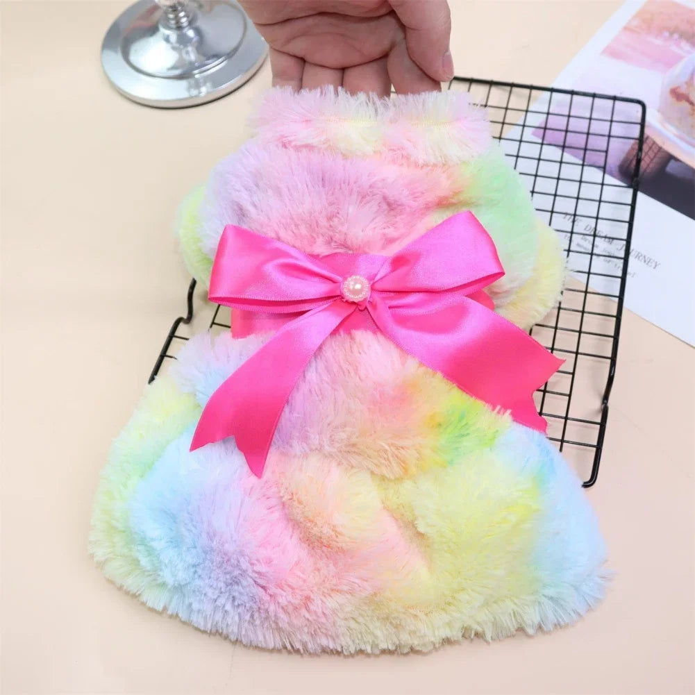 Winter Autumn  Fleece Warm Rainbow Candy Plush and leopard Print Dress