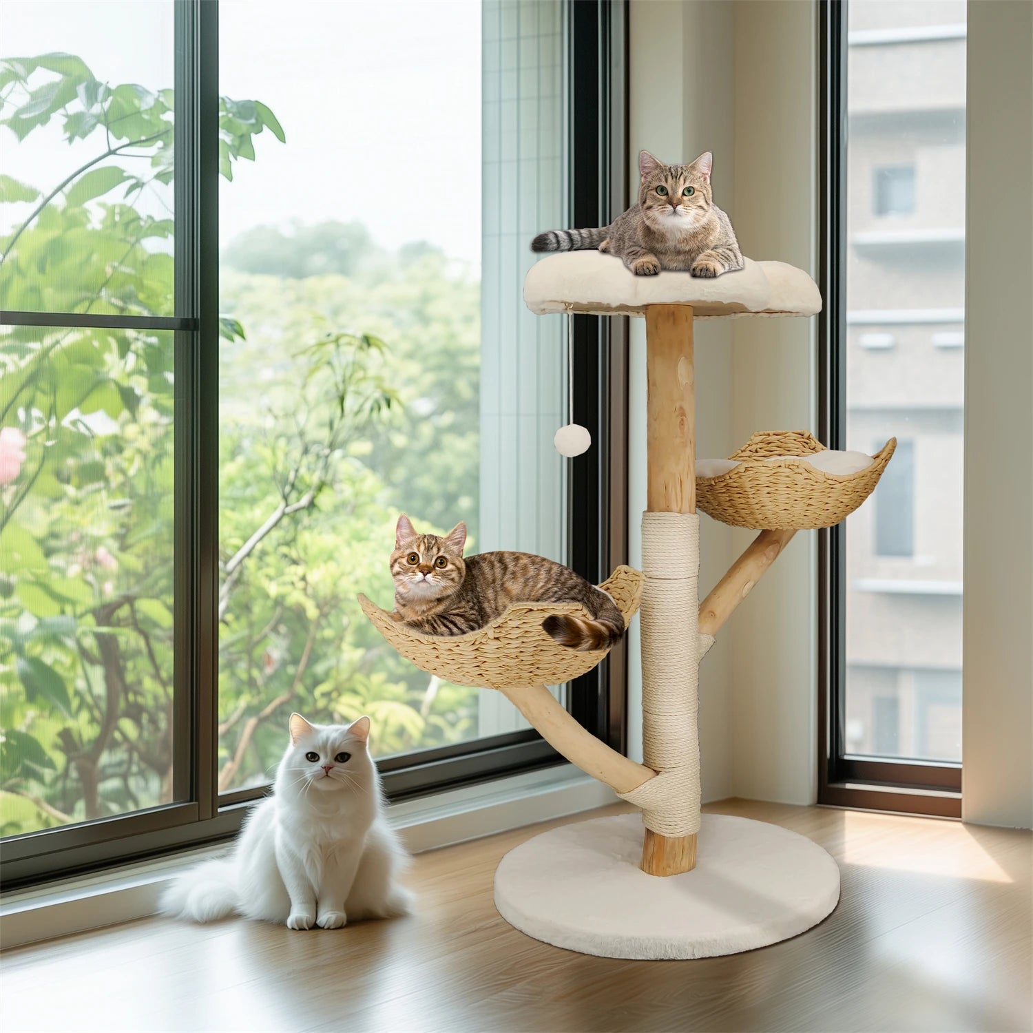 Modern Cat Tree Activity Tower with Plush Cushion and Toy Ball Sisal Scratching Post