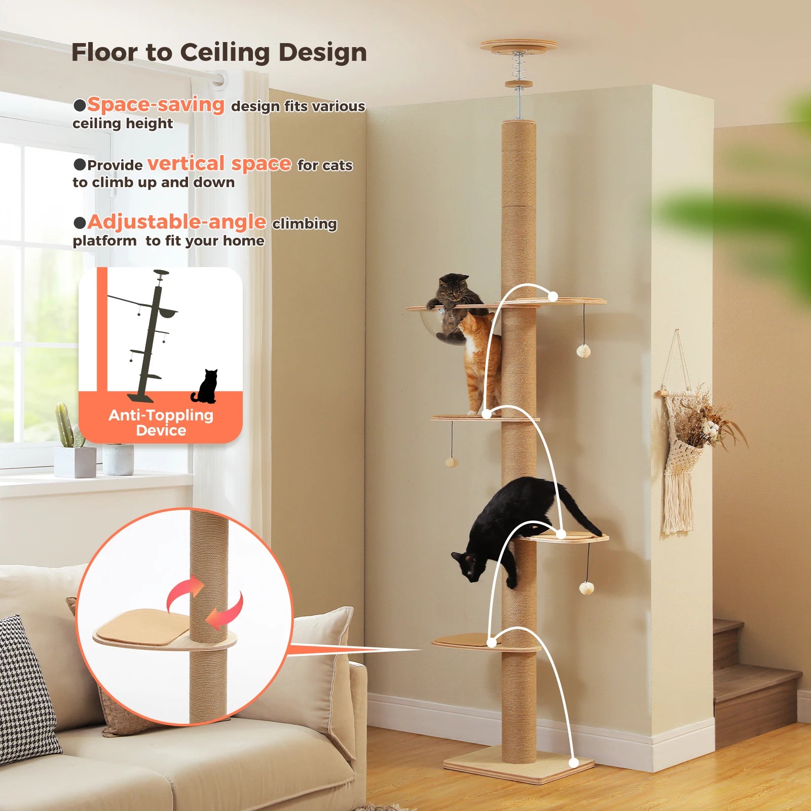 Floor to Ceiling Cat Tree for Indoor Cats Adjustable Height Wooden Scratching Posts Acrylic Cave Cat Toys