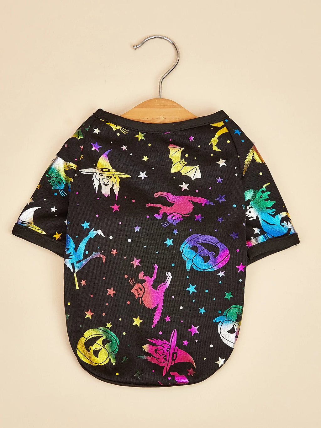 Dog T-Shirt, Black Short - Sleeve with Colorful Glittery Bats & Pumpkins & Stars Print