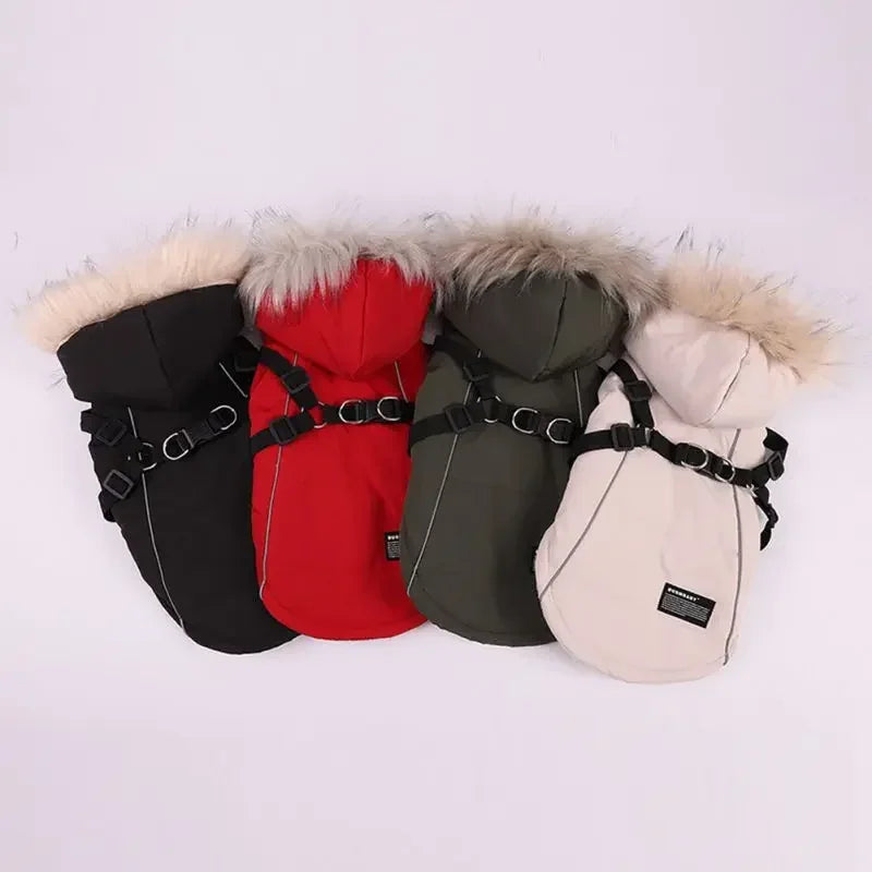 Winter Dog Jacket With Harness Warm Clothes Waterproof Hooded Coat
