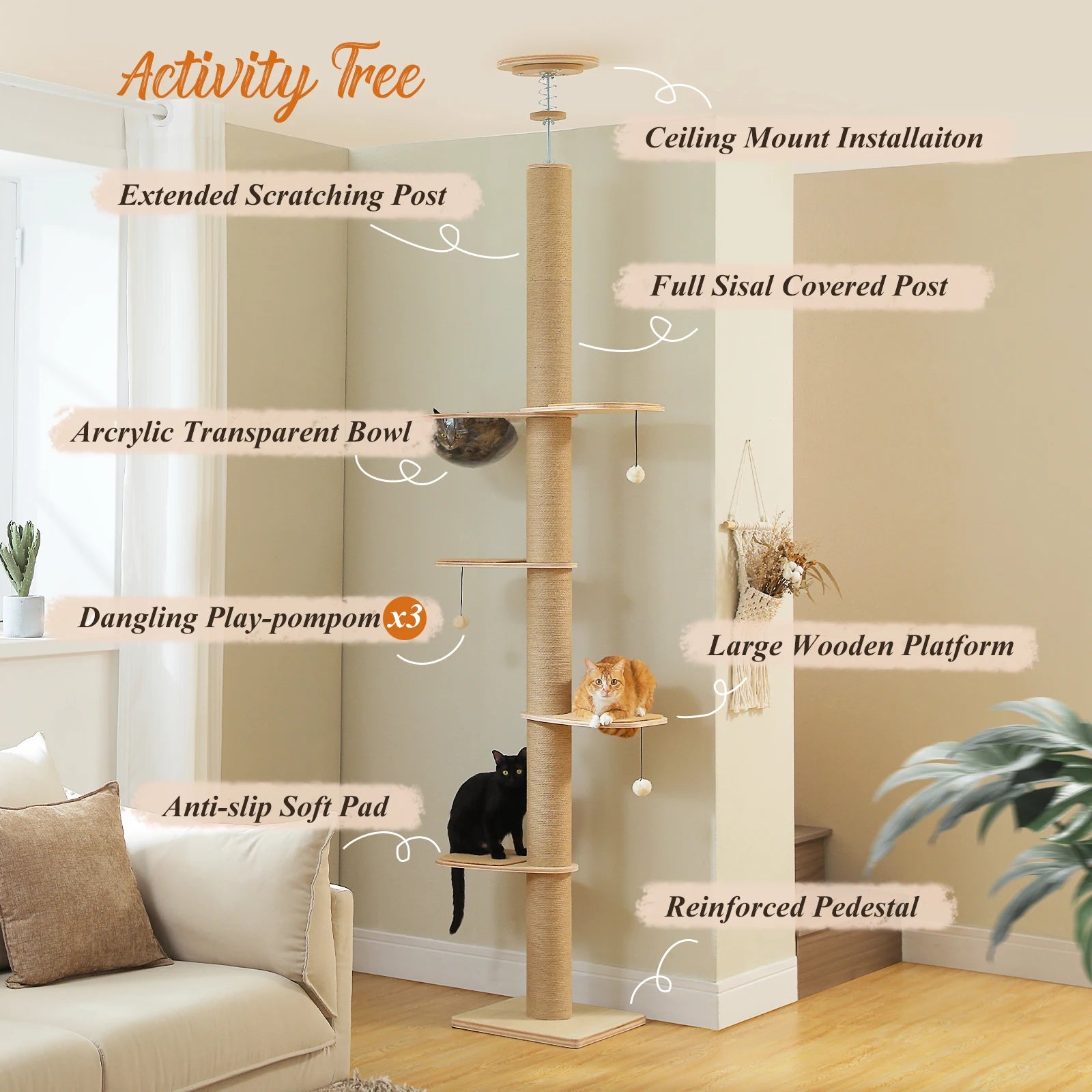Floor to Ceiling Cat Tree for Indoor Cats Adjustable Height Wooden Scratching Posts Acrylic Cave Cat Toys