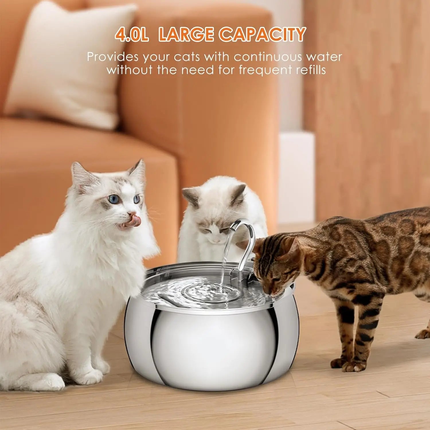 Stainless Steel Water Fountain 4.0L Ultra-Quiet Pump Multi-Filter Dishwasher Safe for Multiple Pets