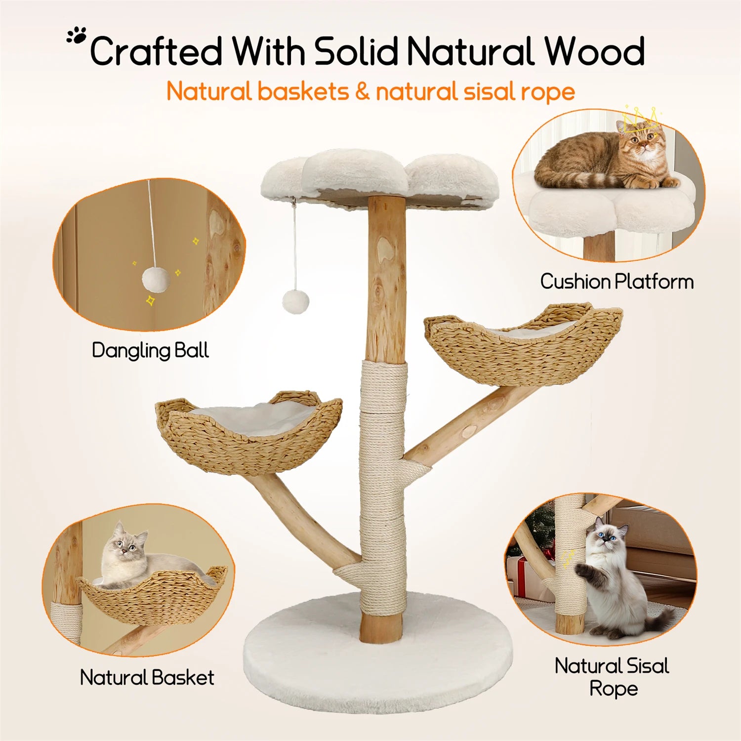 Modern Cat Tree Activity Tower with Plush Cushion and Toy Ball Sisal Scratching Post