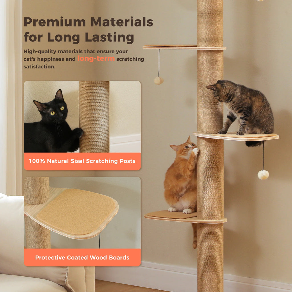Floor to Ceiling Cat Tree for Indoor Cats Adjustable Height Wooden Scratching Posts Acrylic Cave Cat Toys
