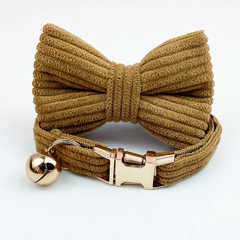 Corduroy Cat Collar with Name Plate Bell Bow Tie Personalized