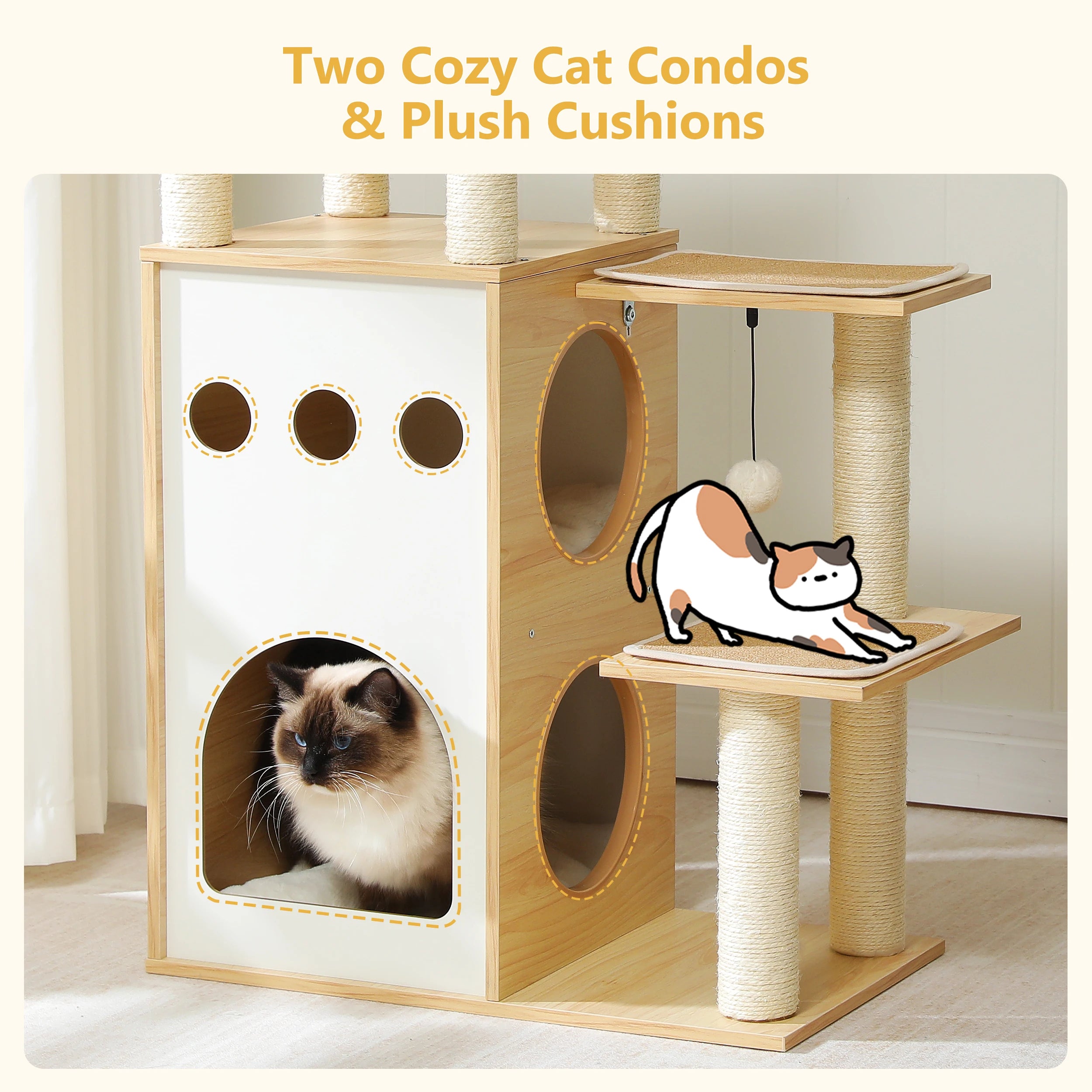 Cat Tower with 2-Floor Condo Cat Furniture with Cat Scratching Posts Capsule Nest and Dangling Balls