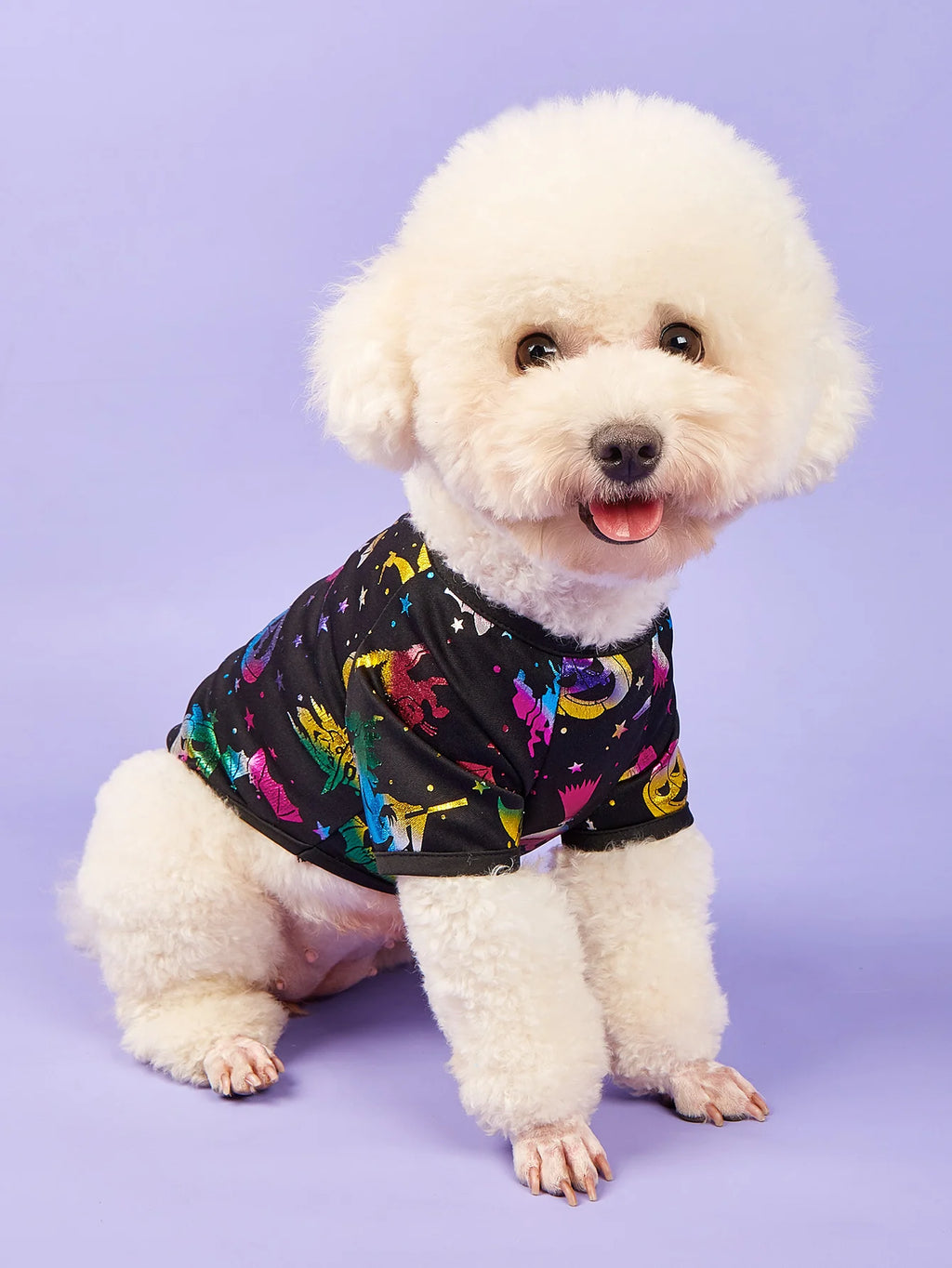 Dog T-Shirt, Black Short - Sleeve with Colorful Glittery Bats & Pumpkins & Stars Print