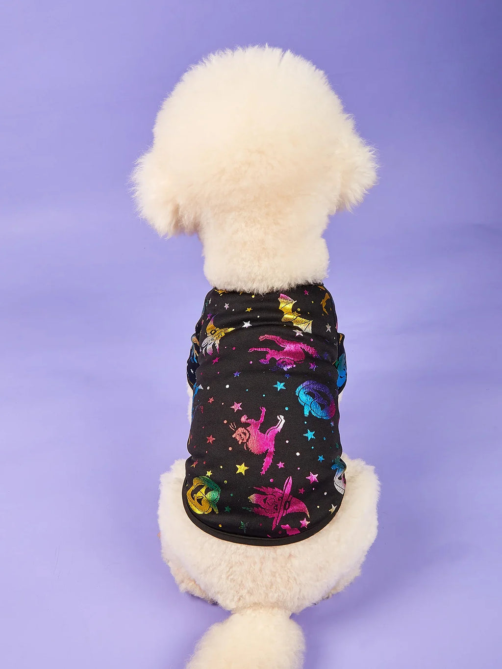 Dog T-Shirt, Black Short - Sleeve with Colorful Glittery Bats & Pumpkins & Stars Print