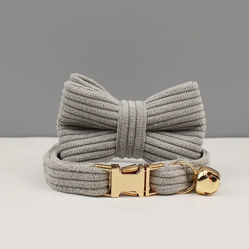 Corduroy Cat Collar with Name Plate Bell Bow Tie Personalized