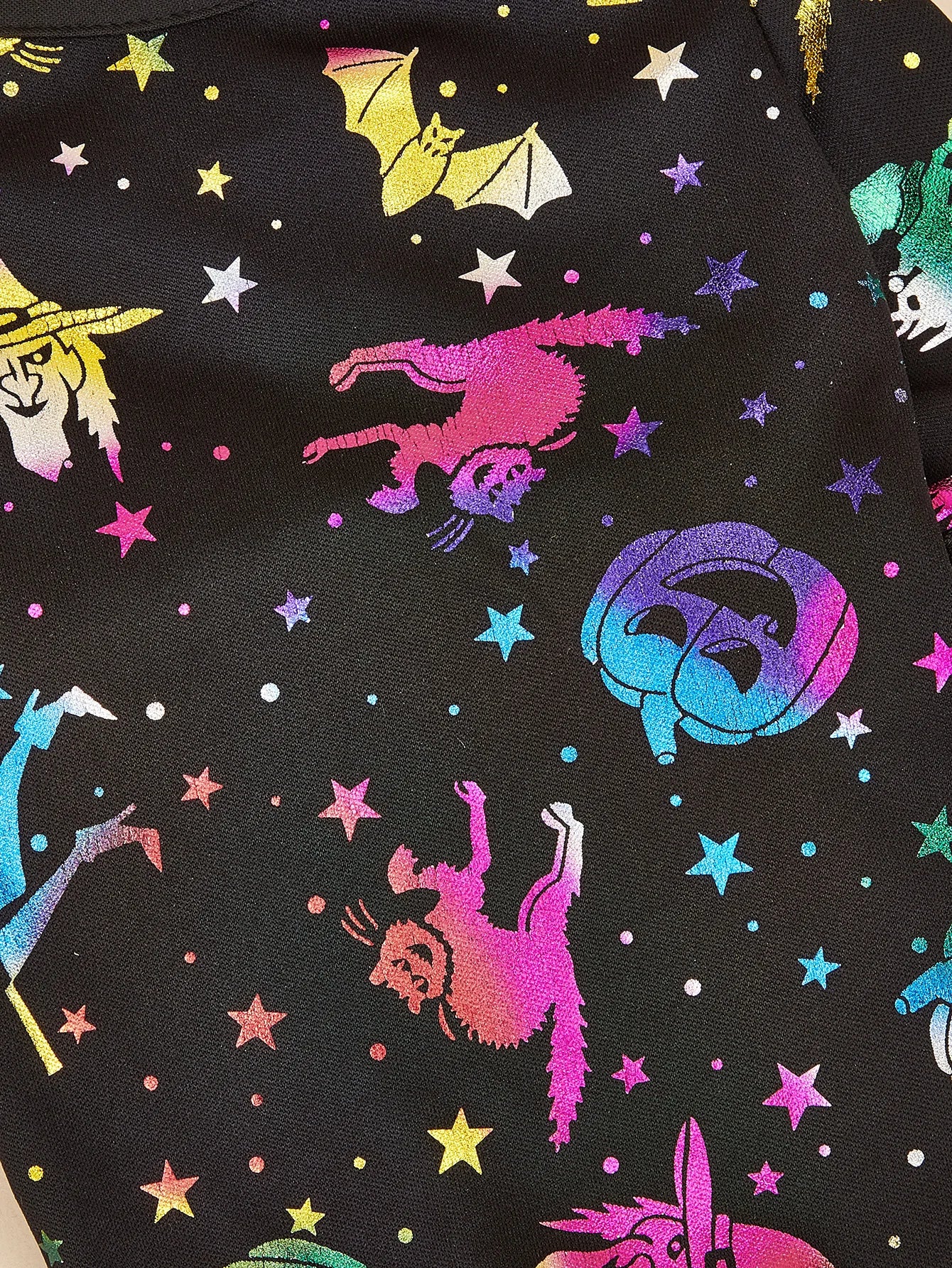 Dog T-Shirt, Black Short - Sleeve with Colorful Glittery Bats & Pumpkins & Stars Print