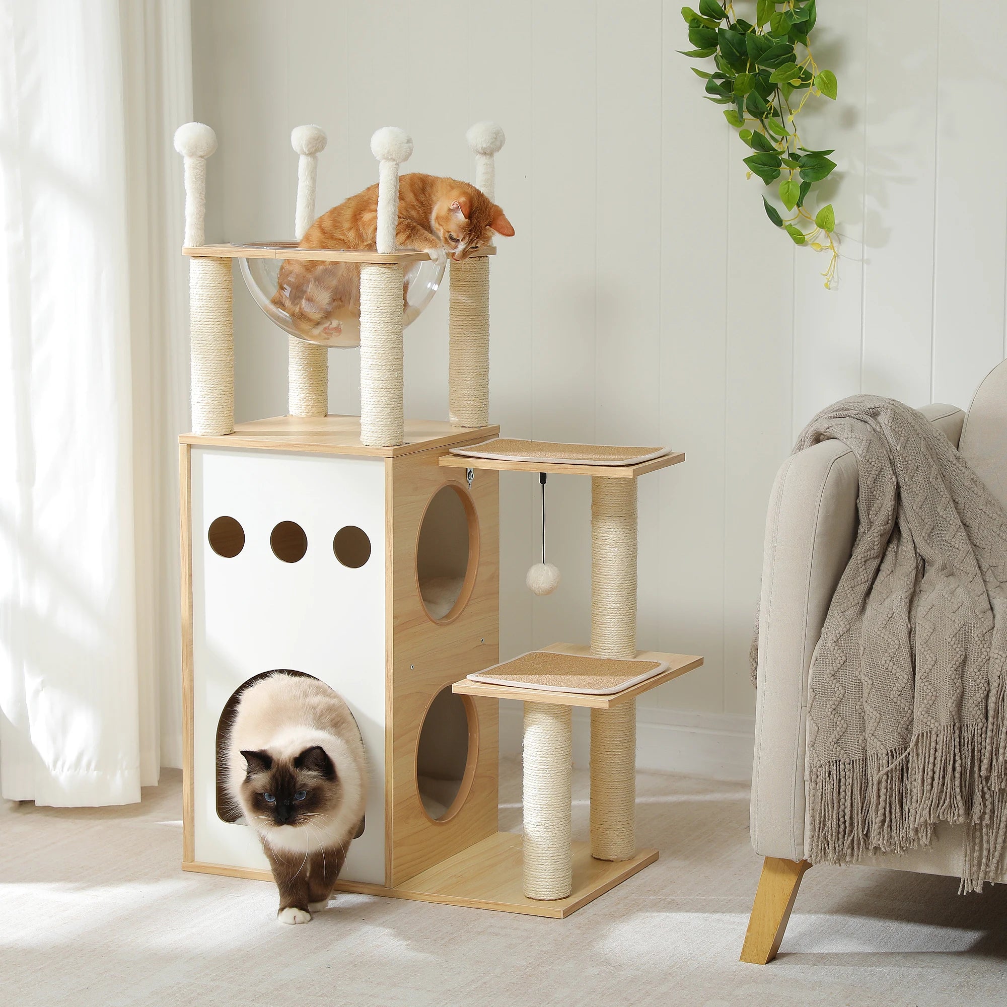 Cat Tower with 2-Floor Condo Cat Furniture with Cat Scratching Posts Capsule Nest and Dangling Balls