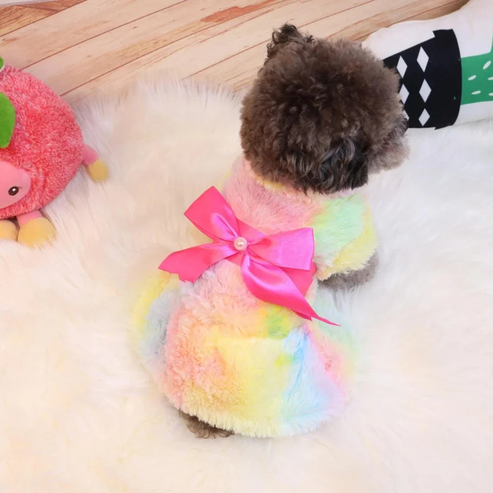 Winter Autumn  Fleece Warm Rainbow Candy Plush and leopard Print Dress